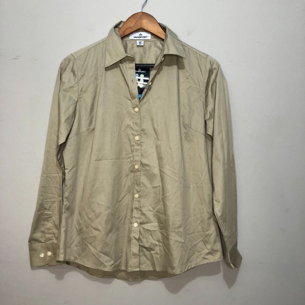 NWT Vansport Collared Button Down Long Sleeve Blouse Khaki - Medium